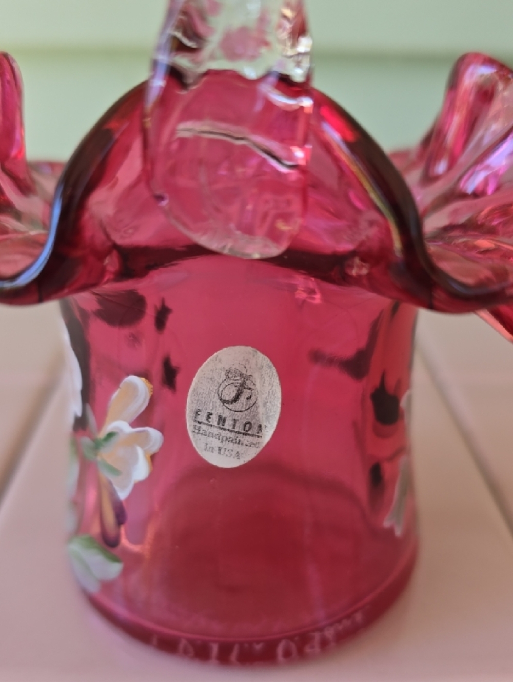 Fenton Cranberry Red Ruffled Vase and Basket Set with Hand-Painted Pansies - Picture 8 of 8